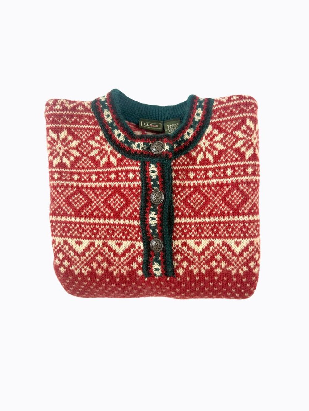 Vtg LL Bean Merino Wool Fair Isle Sweater Womens XS S M Nordic Button Red Cozy